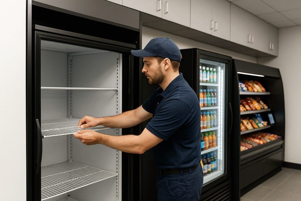Technician in uniform installing shelves in a micro market cooler in a Nashville breakroom