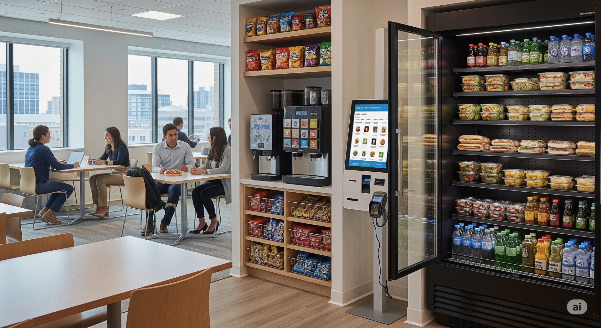 Self-serve micro market shelves with drinks, snacks, and a touchscreen kiosk in a Nashville breakroom