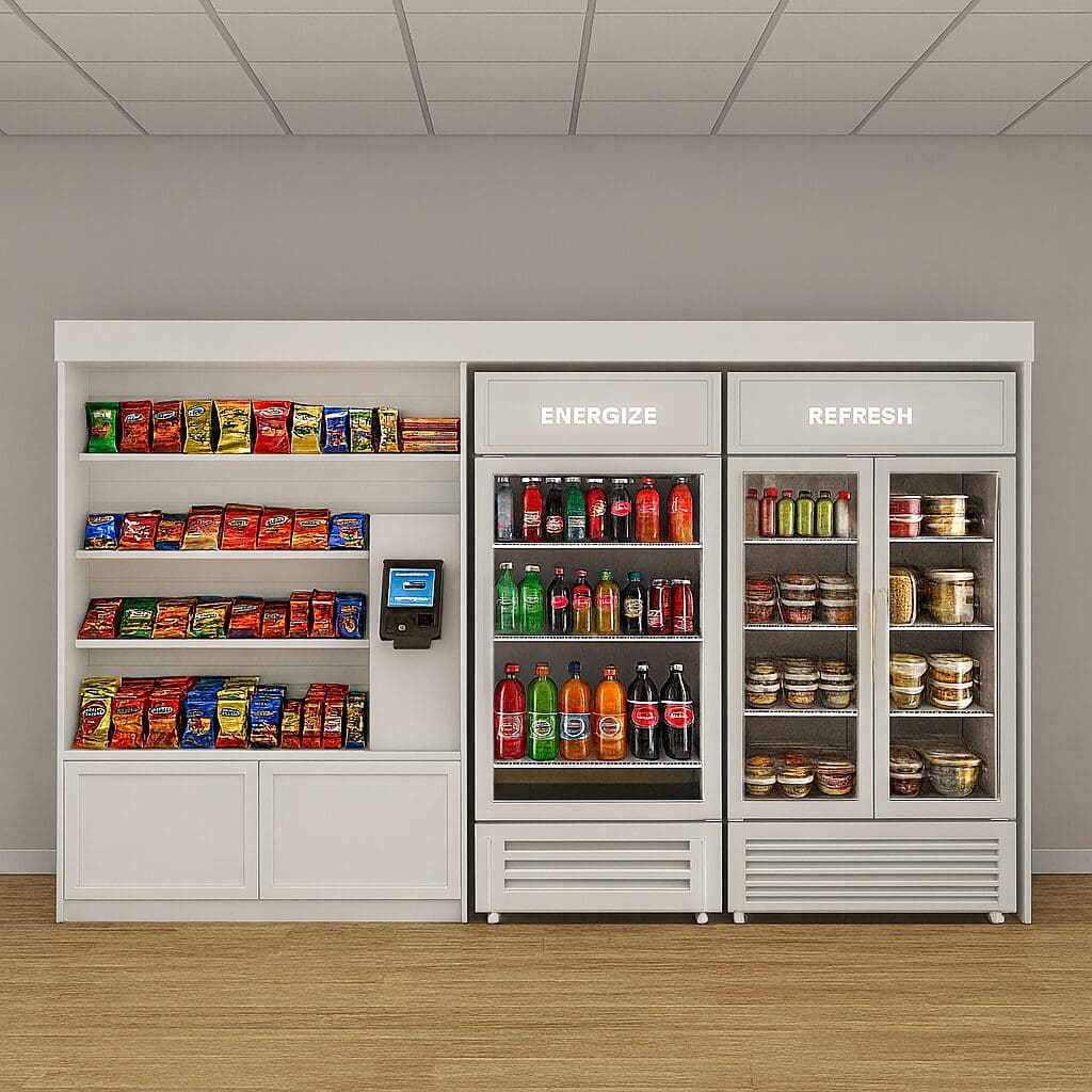 Micro market with white finish and bright shelves of snacks and drinks.