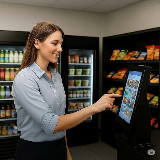 Employee using a self-checkout kiosk in a micro market breakroom.