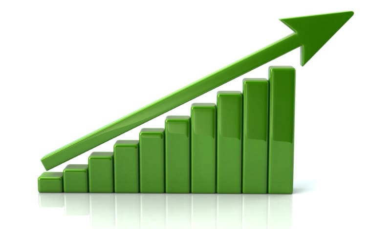 Green arrow rising on chart symbolizing ROI growth for Nashville micro markets in workplace cost savings and productivity.