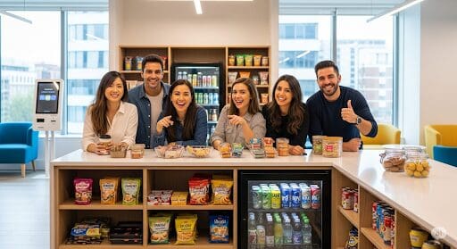 Coworkers enjoying snacks and drinks at a workplace micro market.