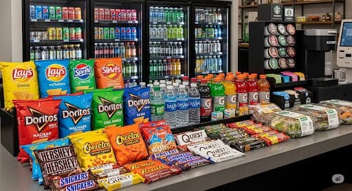 Micro market shelves stocked with a variety of snacks and drinks.