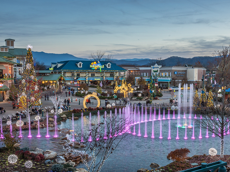 Pigeon Forge Tennessee attractions and parkway at sunset