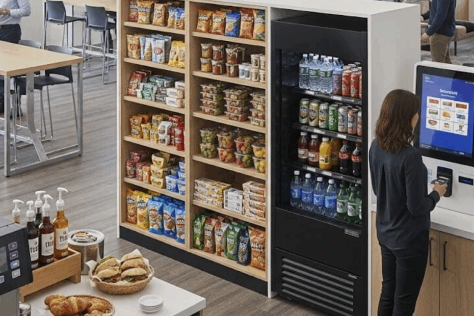 “Lebanon micro market setup with snacks, drinks, and refrigerated coolers.”