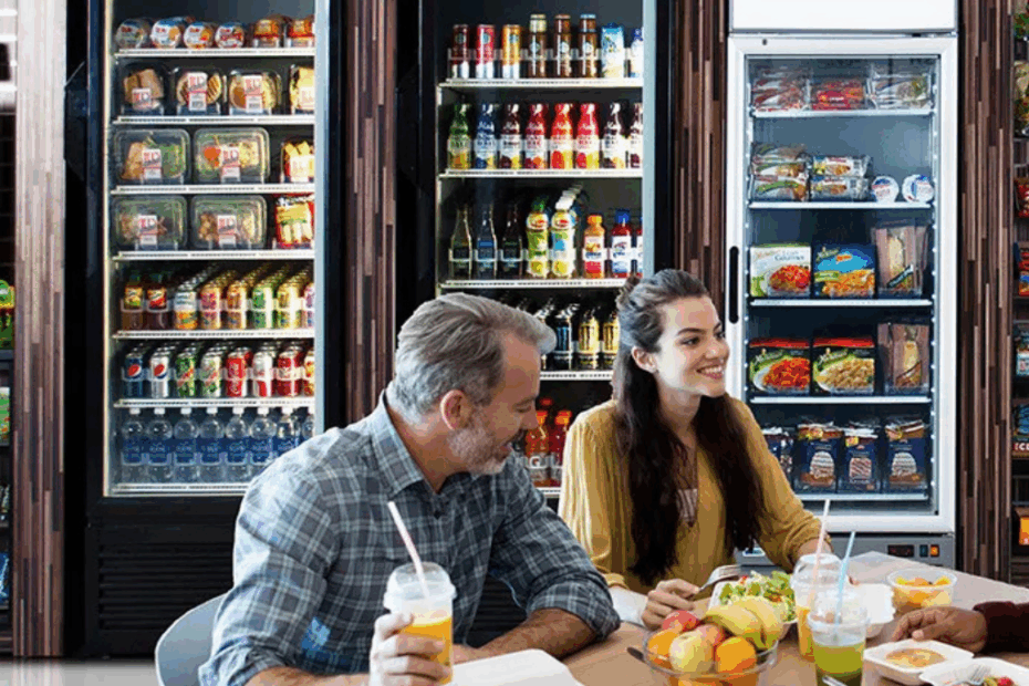 “Clarksville workplace micro market with coolers, shelves, and self-checkout.”